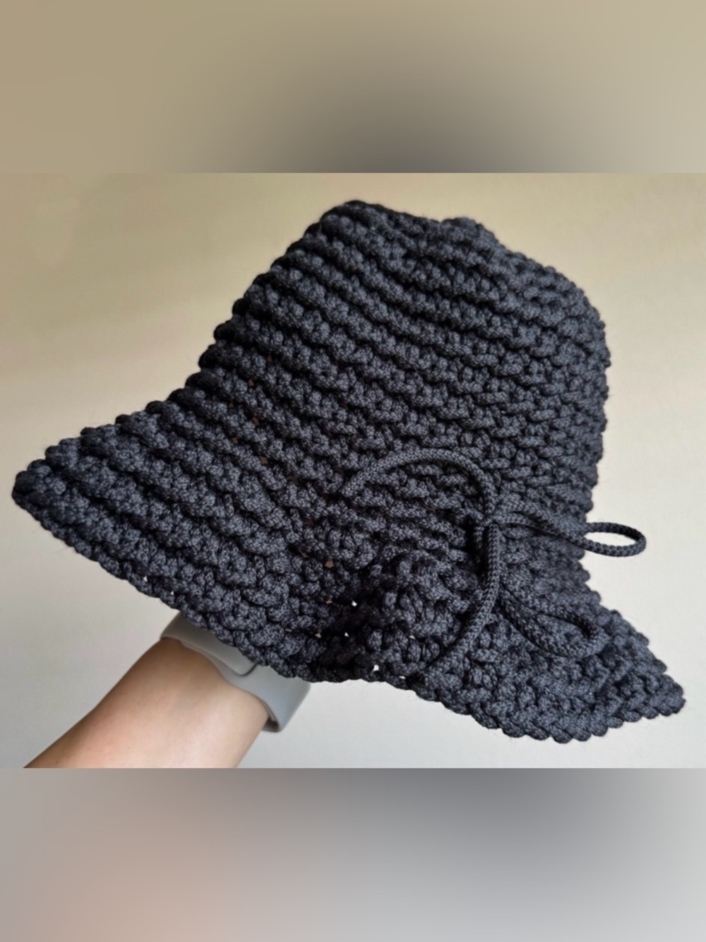 Black Knit Crochet Sunhat Bow Brimmed Hat
